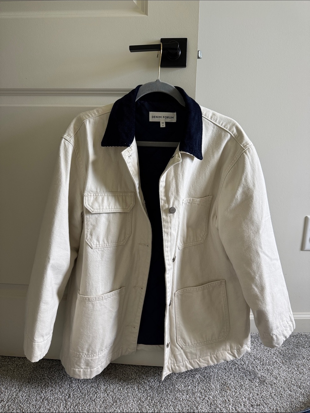 Aritzia Cream Shirt Jacket with Navy Corduroy Collar